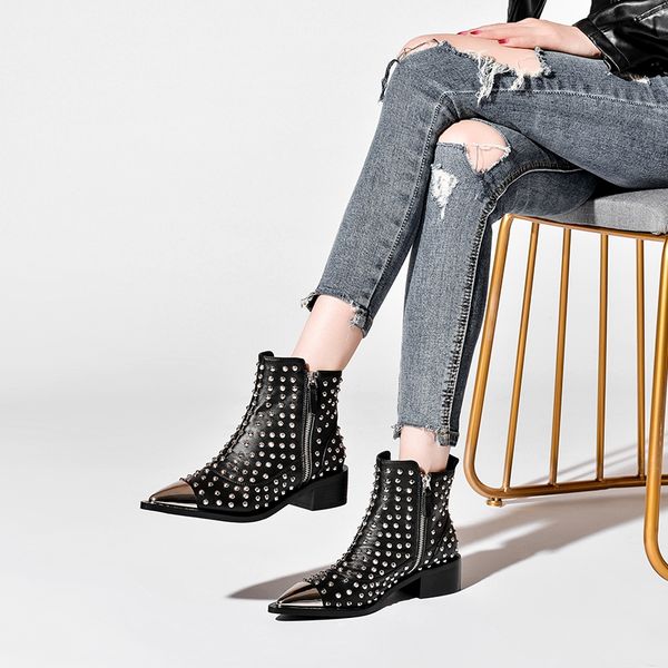 

fashion buckle genuine leather rivets motorcycle ankle boots woman brand shoes female spring/autumn boots sandals shoes women, Black