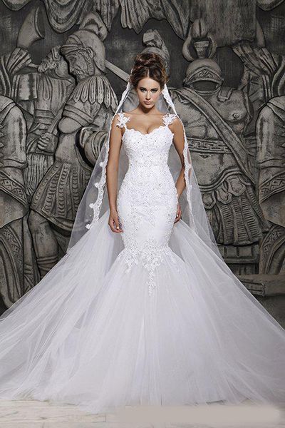 

custom made beautiful court train illusion transparent back beaded lace mermaid spring wedding dresses bridal gowns, White