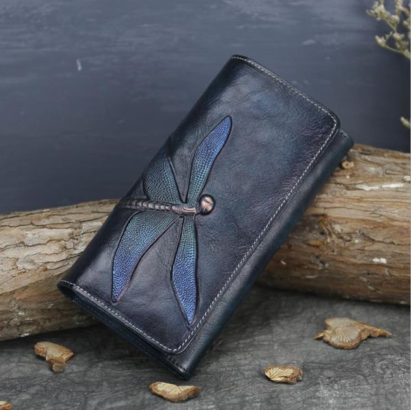 

new first layer cowhide wallet female butterfly leather carving bag long wallet european and american trend retro clutch leather leather wal, Red;black