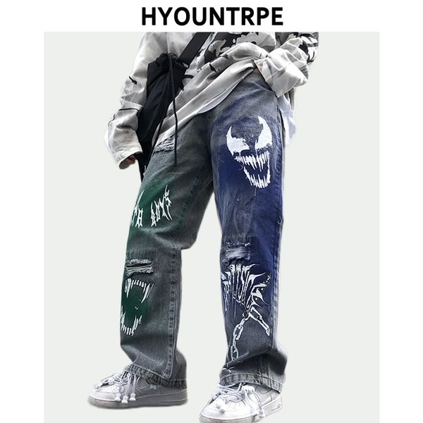 

mens hip hop graffiti printed denim pants casual straight ripped holes streetwear jeans trouser spring new loose joggers pants, Blue