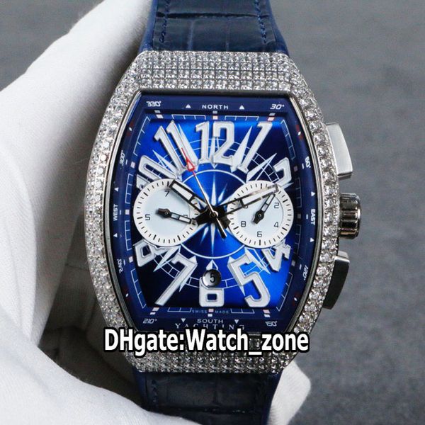

new saratoge yachting v45 cc dt yachting og blue dial white subdial quartz chronograph mens watch diamond bezel leather/rubber strap watches, Slivery;brown