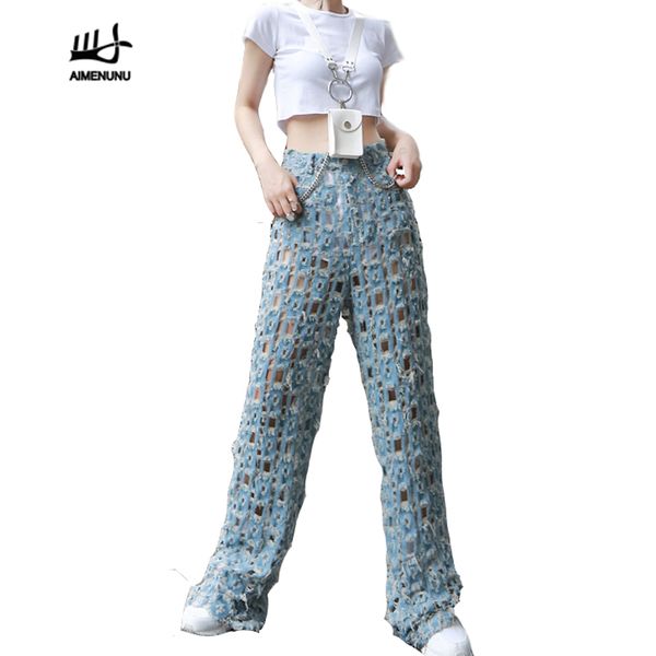 

aimenunu streetwear wide leg pants for women high waist ripped hole denim trousers female fashion clothing summer 2019, Blue