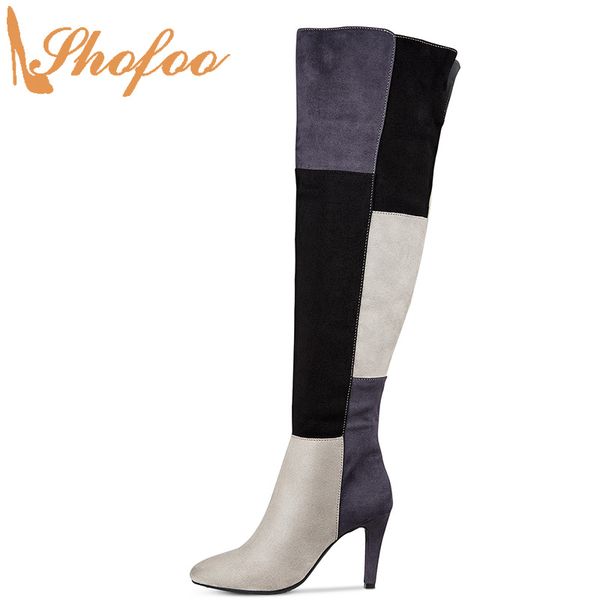 

tri-color patchwork high thin heels pointed toe women over the knee boots zipper big size 13 16 lady fashion winter shoes shofoo, Black