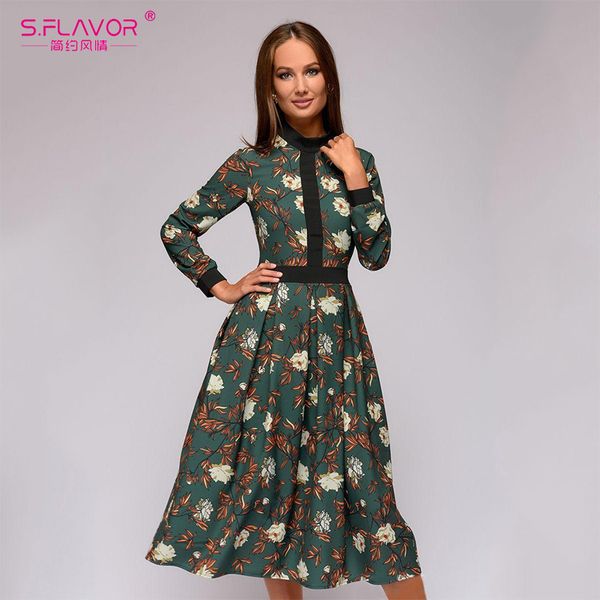 

s.flavor лоскутной печати женщина-линия платье 2020 vestidos весна винтажного стиля для женского повседневного нижнего женщины midi платье, Black;pink