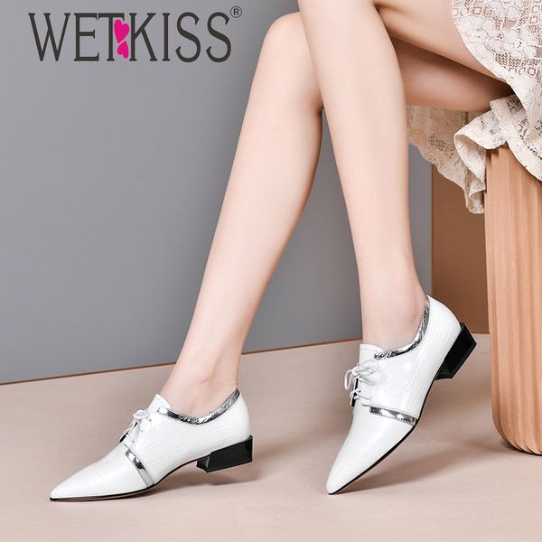 

wetkiss pointed toe flats crocodile leather shoes women lace up square heels fashion shoes women 2020, Black
