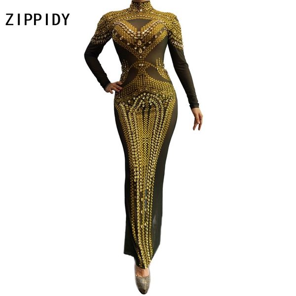 

gold rhinestones transparent mesh dress bar women's birthday celebrate outfit evening women singer dancer long dress, Black;red