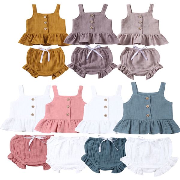 

baby kids summer clothing sets infant newborn baby girls sleeveless sling vest +ruffles shorts cotton linen outfit clothes, White