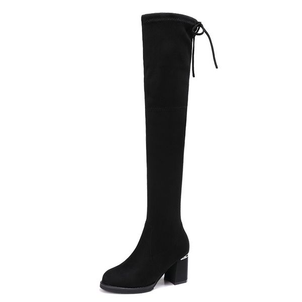 

black elastic flock slim fit over the knee boots women 2019 autumn winter ladies chunky high heel long thigh high botas