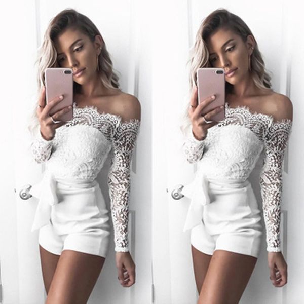 

summer new women lace strapless jumpsuit bodycon playsuit ladies clubwear beach party solid short romper 2018 mesh overalls, Black;white