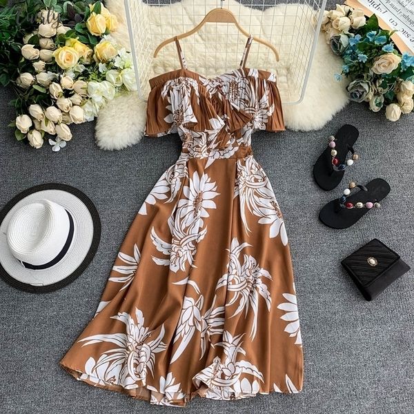 

boho ruffles vintage floral print summer off shoulder midi long dress party women casual spaghetti strap beach holiday vestidos, Black;gray