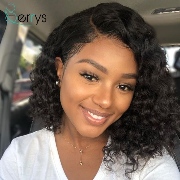 

berryshair malaysian virgin human hair wigs invisible 13x4 deep part transparent lace front curly wigs short bob wig preplucked, Black;brown