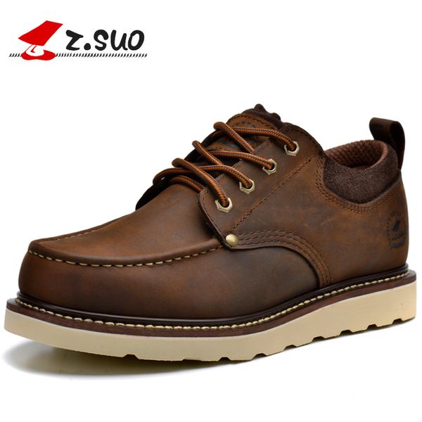 

z.suo spring/autumn fashion vintage crazy horse cow leather men's tooling shoes low lace up genuine leather shoes, Black