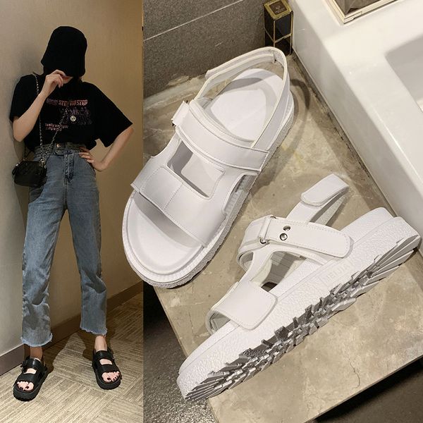 

style sandals women's round head color magic sticker casual sandals, Black