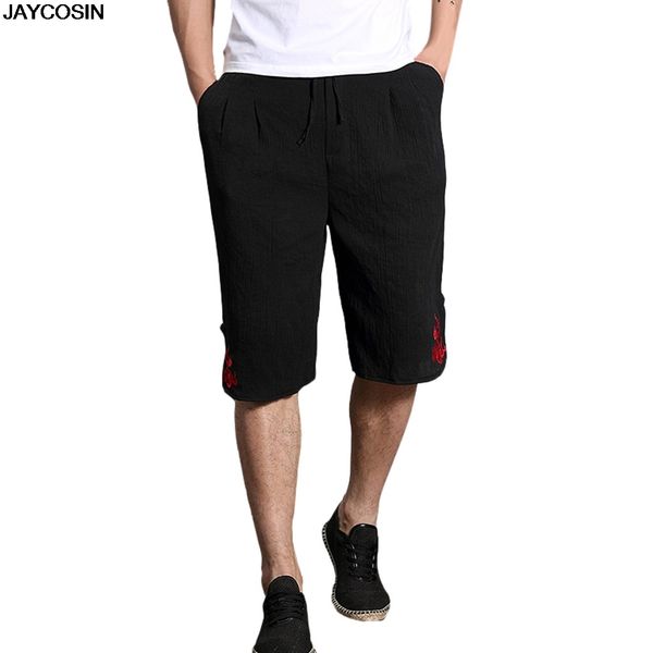 

klv men's pant summer men's fashion casual solid drawstring cotton linen short pants trousers cropped season 9501, Black