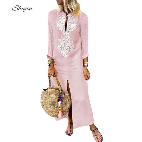 

SHUJIN Women Dress Cotton Linen 2019 Long Sleeve Sexy Deep V Neck Split Dresses Plus Size Fashion Boho Print Party Dress