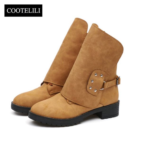 

cootelili buckle shoes woman pu leather ankle boots for women 4cm heels motorcycle boots ladies autumn winter shoes 41 42 43, Black