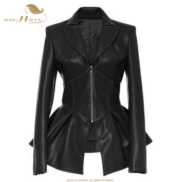 

sishion байкер куртки плюс размер pu искусственной кожи куртки женщин осень qy0394 с длинным рукавом оборками пальто, Black;brown