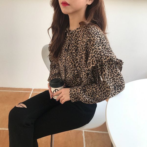 

chic blouse long sleeve leopard print ruffle blouse turn down collar lady shirt tunic casual loose plus size blusas quality, White