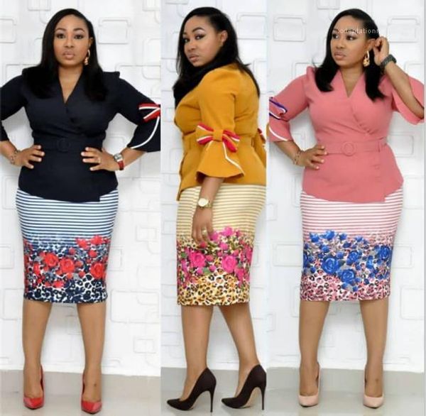 

печатные платья костюмы мода пояса flare рукавом v-образным вырезом костюмы casual плюс размер 2 шт платье женщин одежда женщин дизайнер цве, White