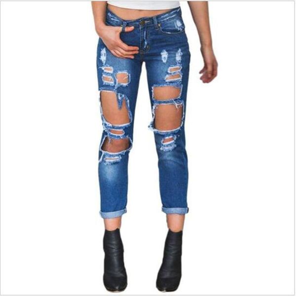

boyfriend casual jeans hole jeans new women waist 2020 pants low fall harem ripped summer pocket fashion style denim cotton, Blue