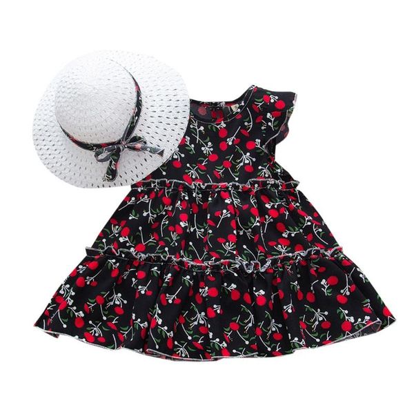 

girl's dresses telotuny summer girl clothes princess ruffle flower printed cake dress with hat outfit set sweet baby birthday 418, Red;yellow