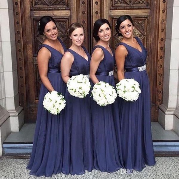 Темно-синие платья подружки невесты трапециевидной формы из шифона с V-образным вырезом и складками на поясе, со складками до пола, длинные вечерние платья для подружек невесты, свадебное платье для гостей