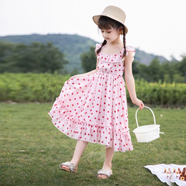 

girls summer long dress children sleeveless chiffon dress dot dress princess style holiday skirt, Red;yellow