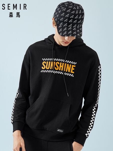 

semir graphic hoodie for mens men's hooded sweatshirt printed check-sleeved hoodie pull over male casual spring autumn clothes, Black