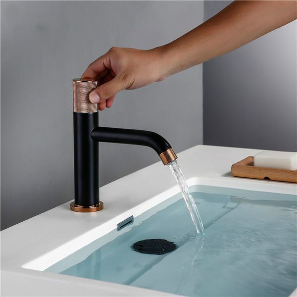 

Matt Black & Gold Rose Knurled Handle Bathroom Basin Swivel Knurling Knob Design Deck-Mount Water Mixer Tap