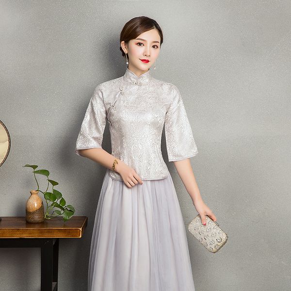 

2 pieces/set fashion half sleeve embroidery vintage modern traditional satin chinese dress qipao cheongsam chinese wedding dress, Red