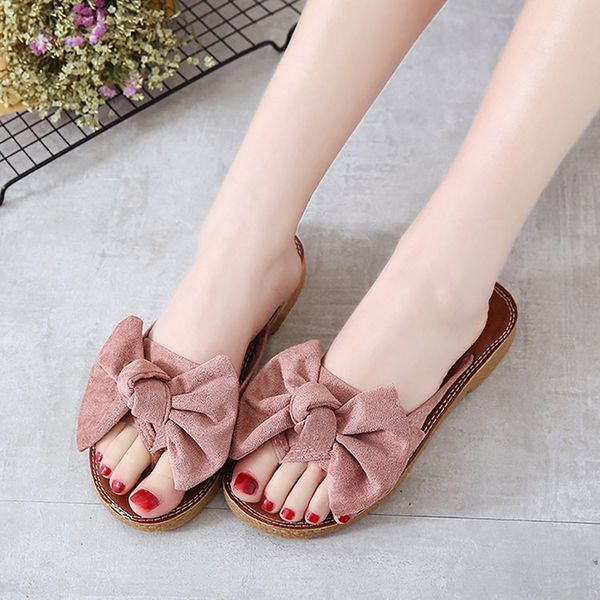 

2019 summer bow sweet student slippers female flat shoes casual beach sandals slip non-slip flip-flops flat slippers, Black