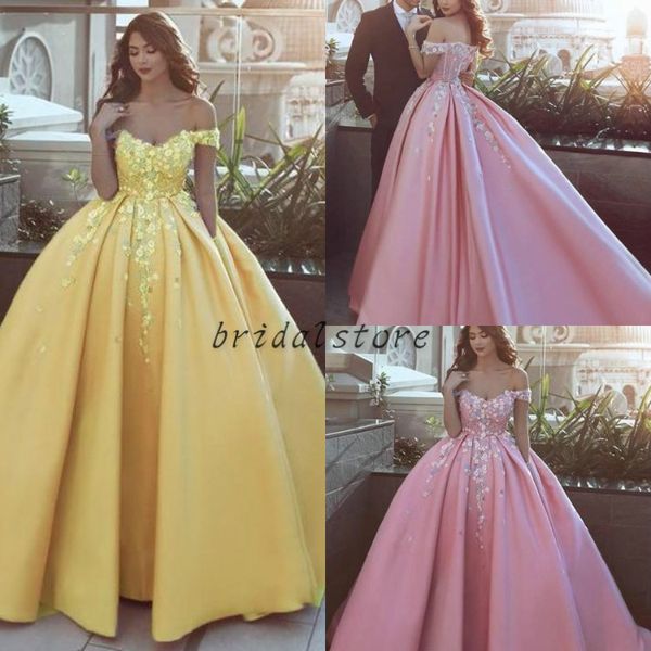 

elegant long arabic off the shoulder ball gown prom dresses yellow pink puffy floral flower formal party evening gowns unique lace up 2018, Black