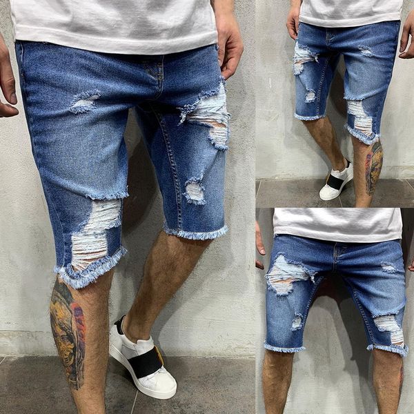 

drop shipping loozykit men's casual distressed zipper slim fit ripped jeans denim shorts men's fashion hole slim denim shorts, Blue