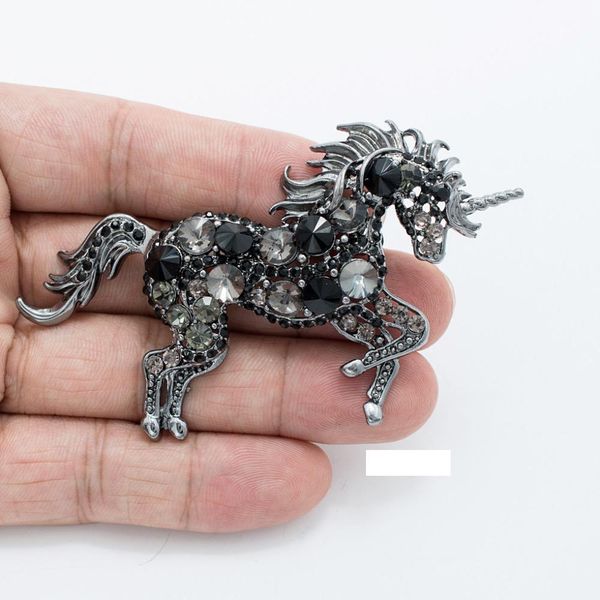 

мода ювелирные изделия броши уникальный элегантный art nouveau rhinestone кристалл черный единорог лошадь брошь pin 6172bla, Gray