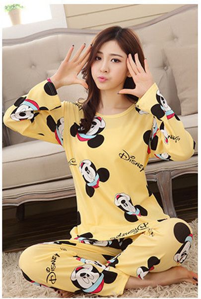 

2018 new autumn winter 2pieces pyjamas set women girls cotton round neck pajamas sets teacup cat sleepwear clothes ing, Black;red
