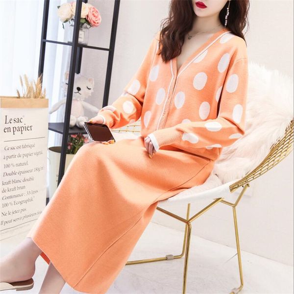 

женщины autuum зима вязаный свитер юбка 2 piece set dot печати кардиган упругие высокой талией a-line юбка моды костюмы, White