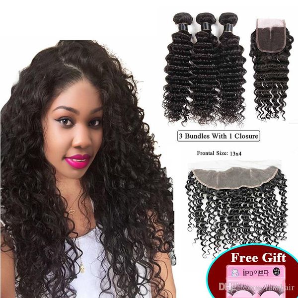 2019 Malaysian Deep Wave Hair Bundles With Frontal Cheap Peruvian Malaysian Indian Virgin Human Hair Extensions With Lace Closure Deep Wave From