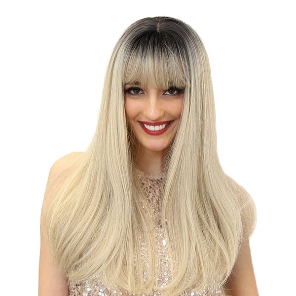 

long straight wigs 22'' synthetic wigs replacement for women, black gradient blonde with bangs