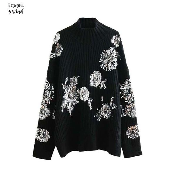 

vintage beading sequins sweaters loose knitted pullovers women 2019 fashion turtleneck long sleeve ladies casual jersey mujer, White;black