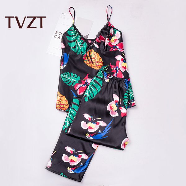 

tvzt 2020 new women floral pjamas sets female tank +long pants satin sleepwear outfits nightwear clothes, Black;red