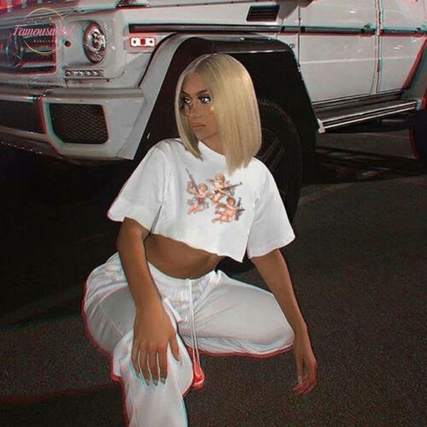 

angel print women short sleeve casual loose t shirt woman crop tee short 2020 summer tshirt streetwear feminina camiseta, White