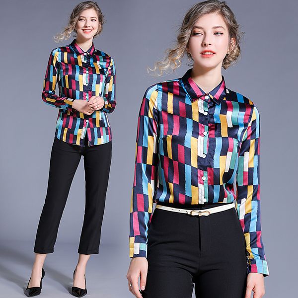 

2019 Runway Silk Дизайнерская печати воротник OL женщин Ladies вскользь офис кнопки спереди