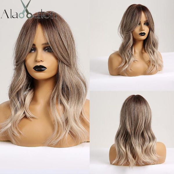 

synthetic wigs alan eaton hair wig ombre brown light ash blonde medium wave for black women heat resistant fiber daily false