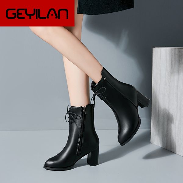 

2019 new boots thick with boots female british wind pointed high heels ladies lace women's zapatos de mujer s4-64, Black