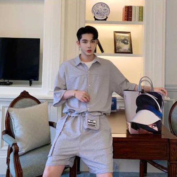 

men summer waist bag belt short sleeve loose casual shirt jumpsuits short trousers male streetwear hip hop overalls pants, Black
