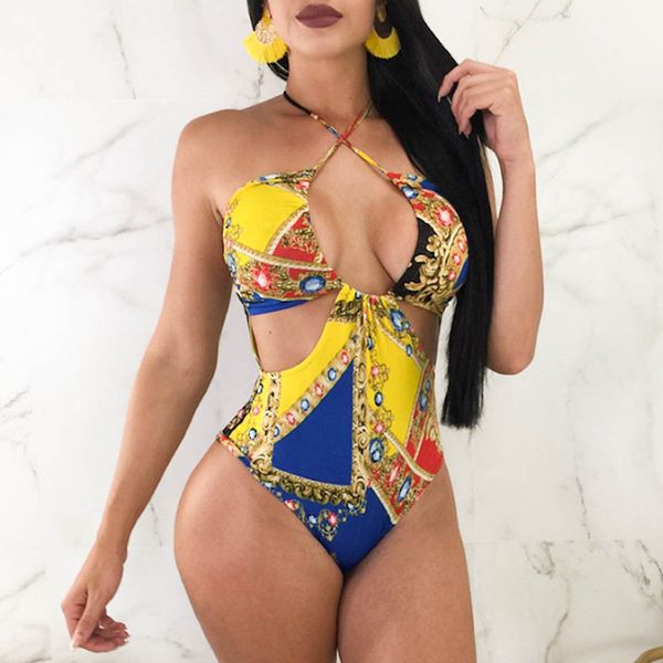 

summer women designer swimsuit fashion luxury printing hollow out halter one piece bikini thailand and indian style women swimwear, White;black