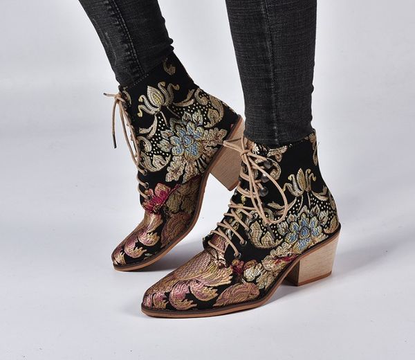 

stylish women boots embroider ethnic winter ankle boot lace up pointed toe high heel shoes warm cowboy botas mujer retro, Black