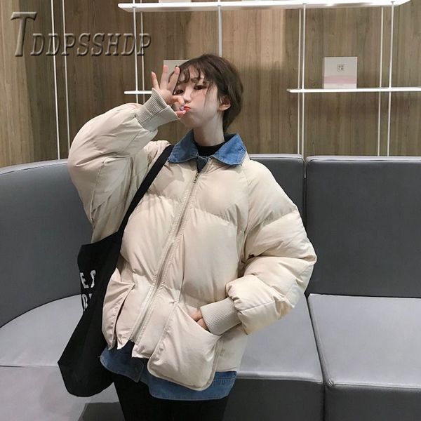 

2019 patchwork fake two pieces women parkas cotton padded bread style wadded jackets warm outwear, Black