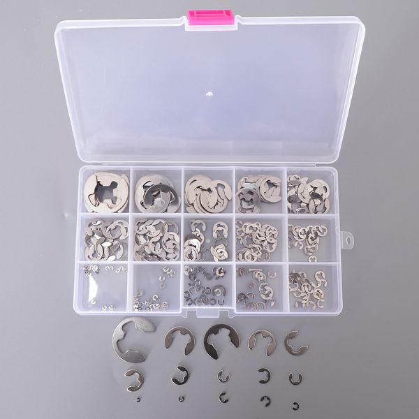 

225pcs 304 e-clip стопорное внешний стопорное кольцо ассортимент kit -1.2mm до 15 мм