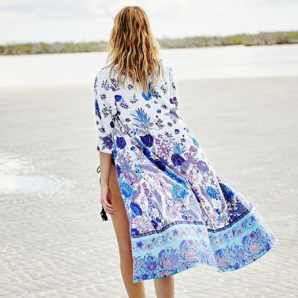 

2019 summer floral printed oversize loose swimwear women fashion bikini beach cover up beach kaftan maxi dress female, Blue;gray